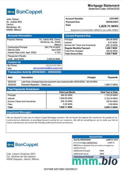 Meksyk Banco Coppel wyciąg z kredytu hipotecznego szablon Word i PDF